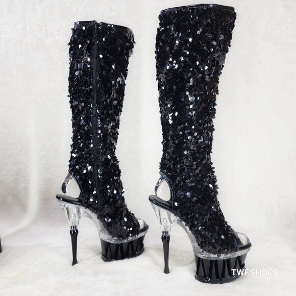 Pleaser Spiky Black Sequin Knee Boots Spiked Design Platform - Picture 5 of 12